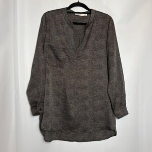 Bishop + Young Women's L Black & Beige Polka Dot V Neck Long Sleeve Tunic Blouse